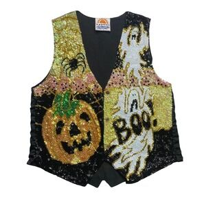 Vintage 90s Halloweeen pumpkin‎ and ghost sequin vest